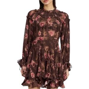 En Saison Jordan Ruffled Mini Dress A-Line Floral Long Sleeve Small Dark Brown